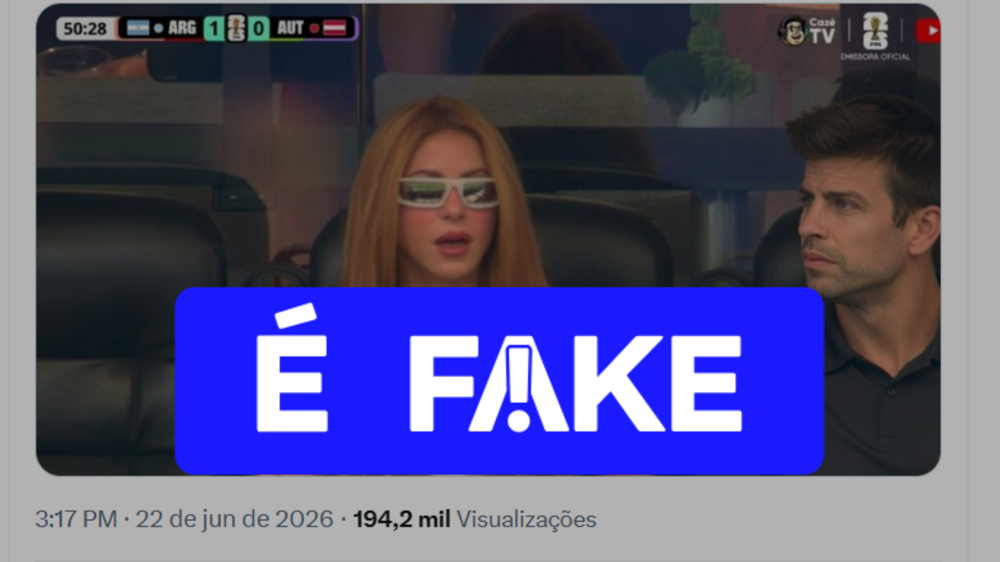 Imagem de Shakira e Piqué na arquibancada é falsa, aponta verificação