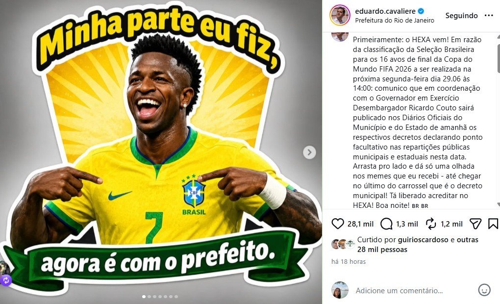 Ponto Facultativo no RJ na Segunda-feira em Função do Jogo do Brasil na Copa do Mundo