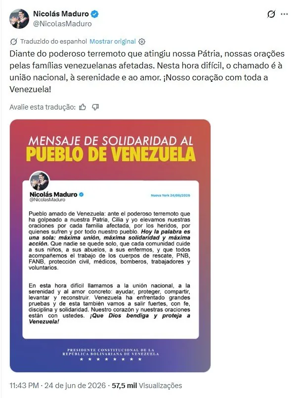 Maduro envia mensagem à Venezuela após terremotos enquanto está detido em Nova York