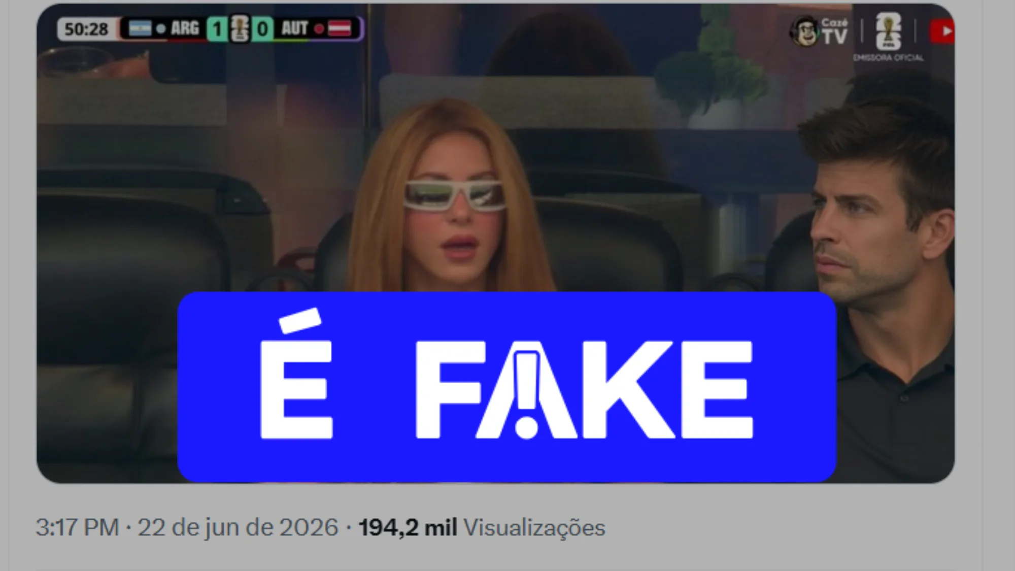 Imagem de Shakira e Piqué na arquibancada é falsa, aponta verificação