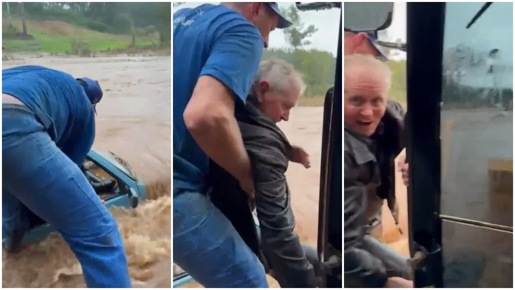 VÍDEO: idoso é resgatado em carro submerso por retroescavadeira