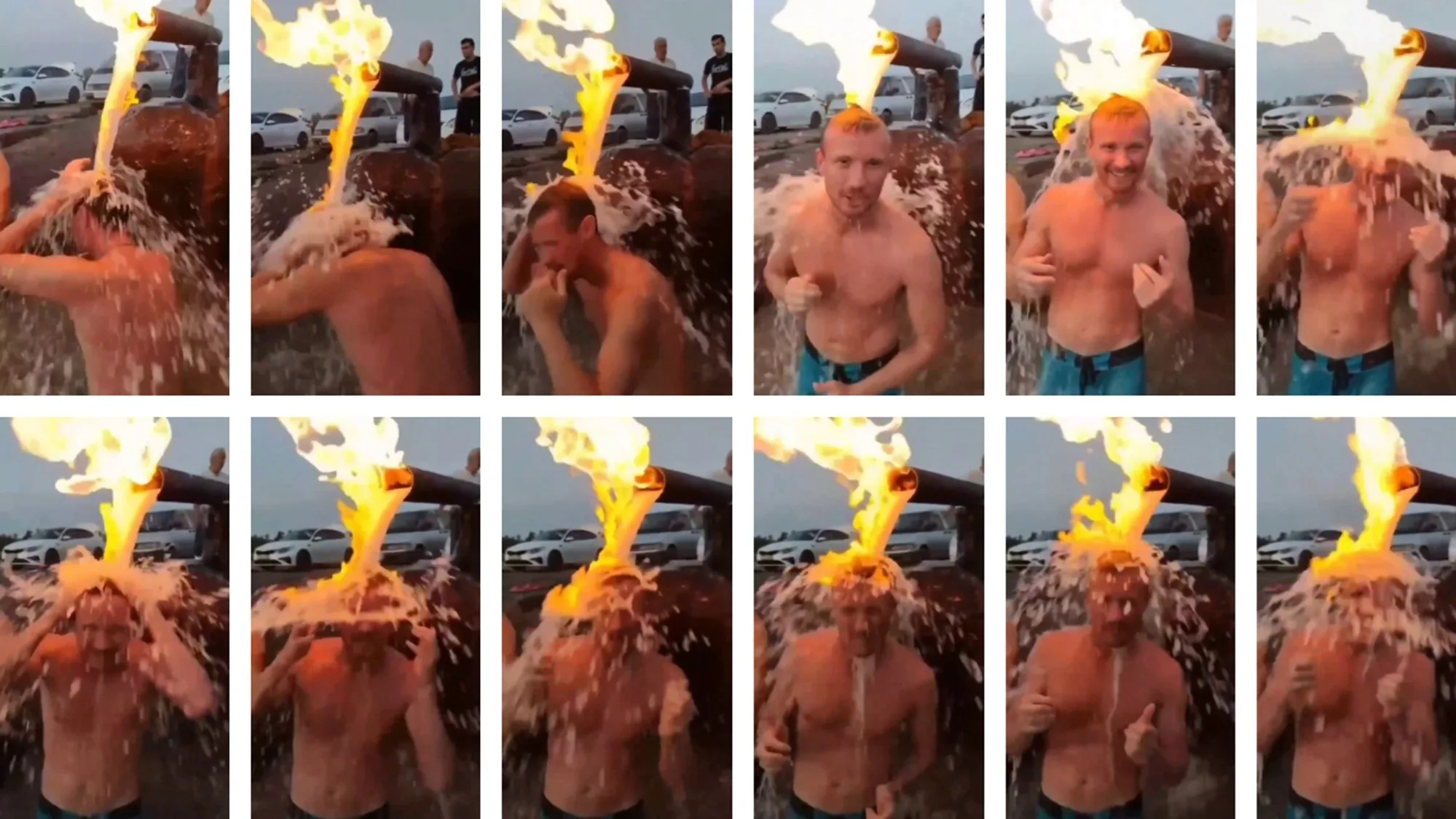 Vídeo revela homem tomando banho em fonte de água em chamas na Rússia