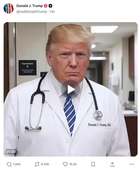 Trump posta vídeo de IA em que aparece como médico 'curando' opositores famosos