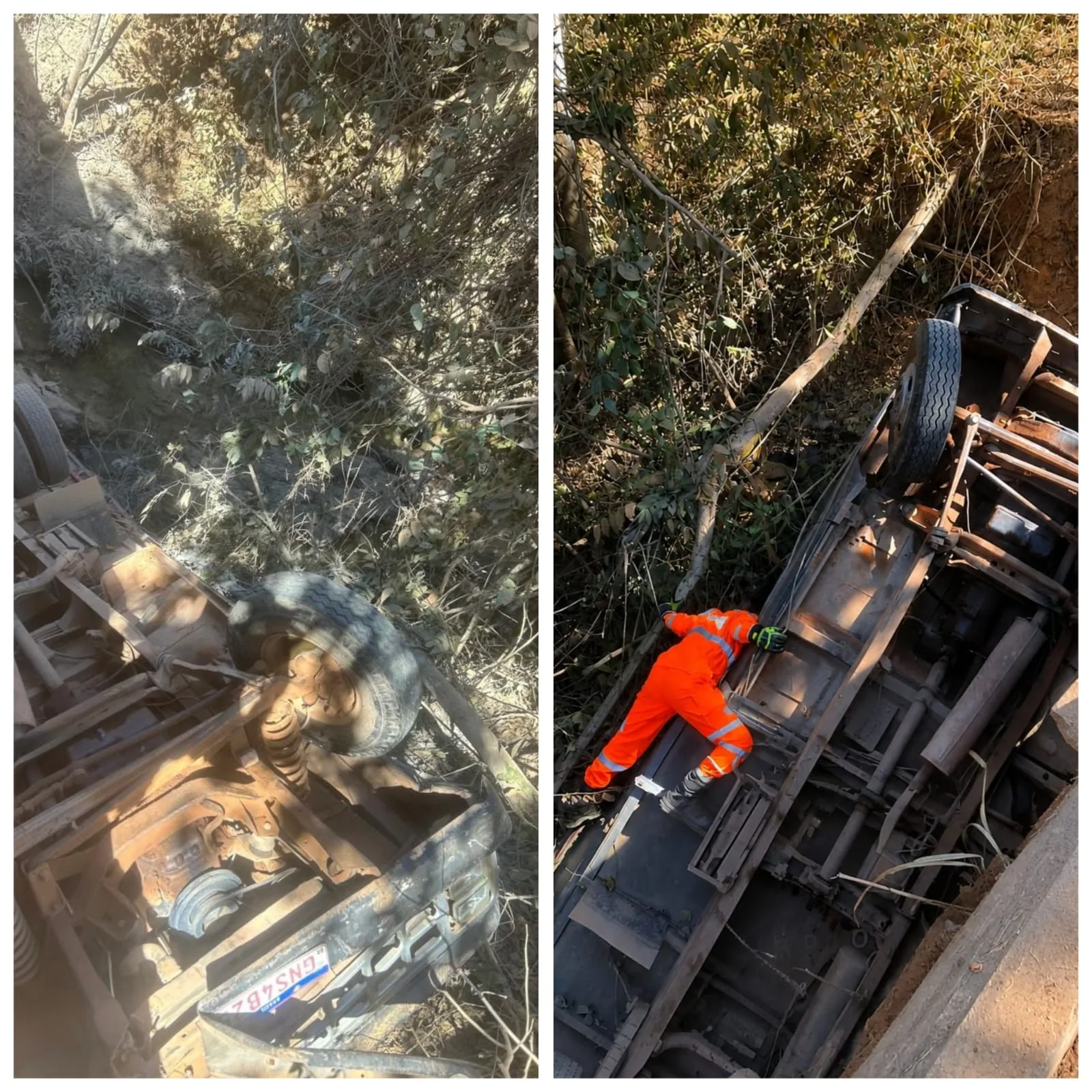 Caminhão carregado com cimento cai de ponte de madeira na zona rural de Unaí