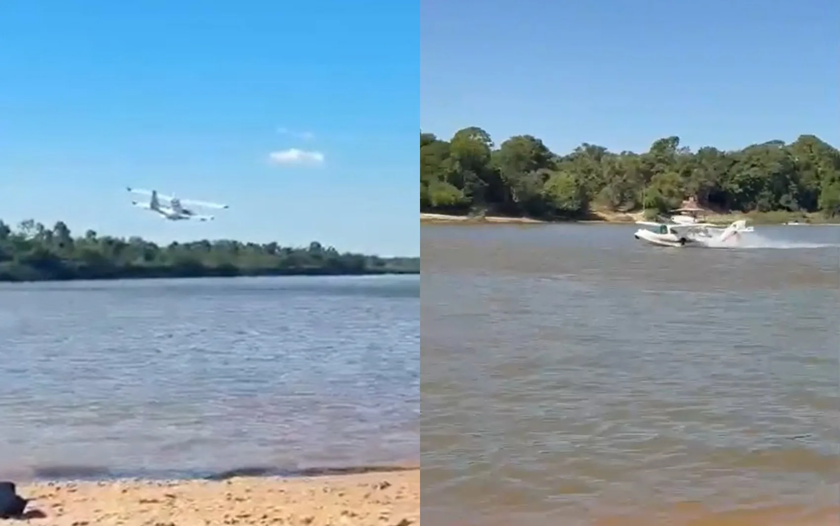 Avião anfíbio chama a atenção de turistas ao pousar no Rio Araguaia; vídeo
