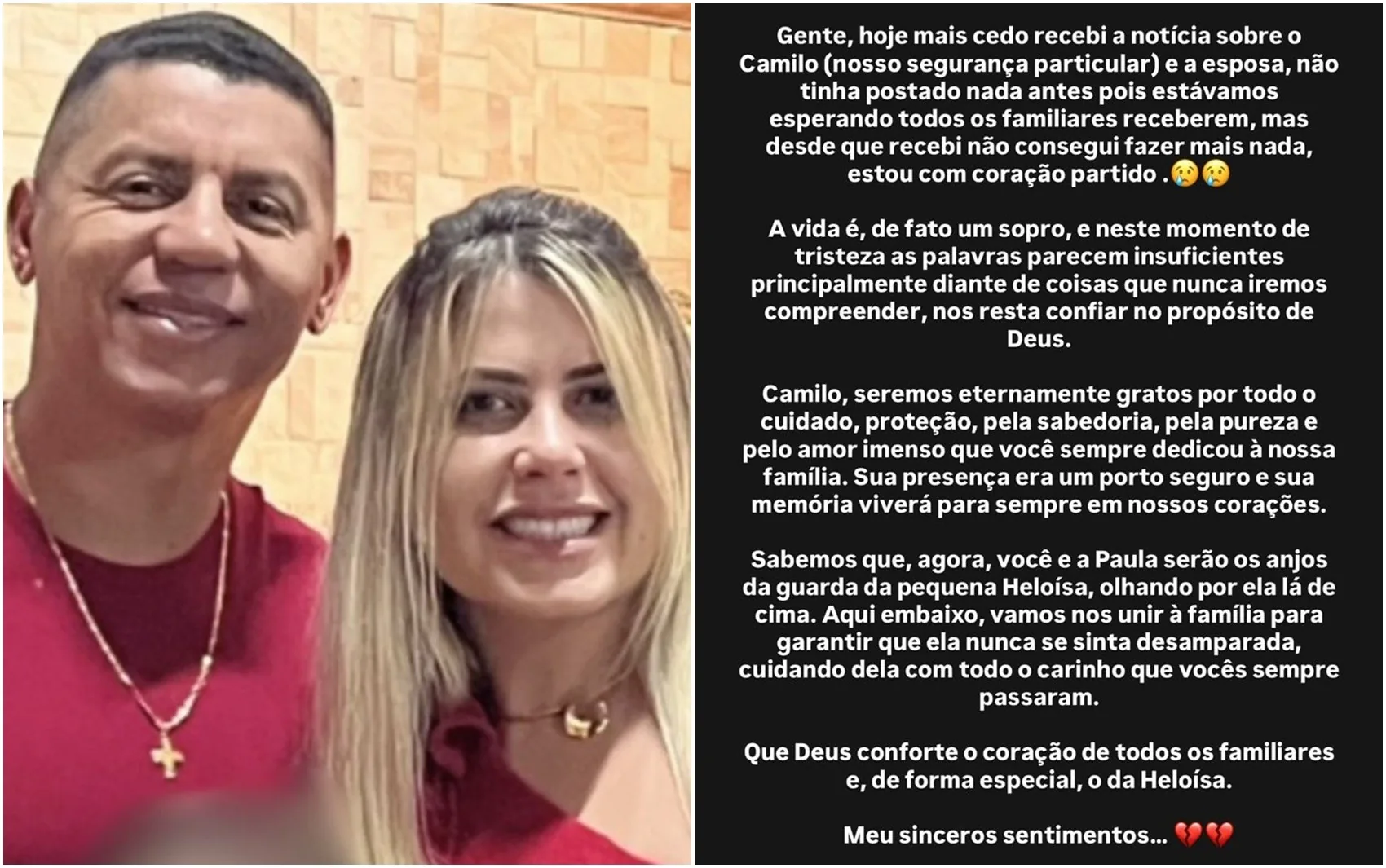 Influenciadora lamenta mortes de segurança e esposa em acidente