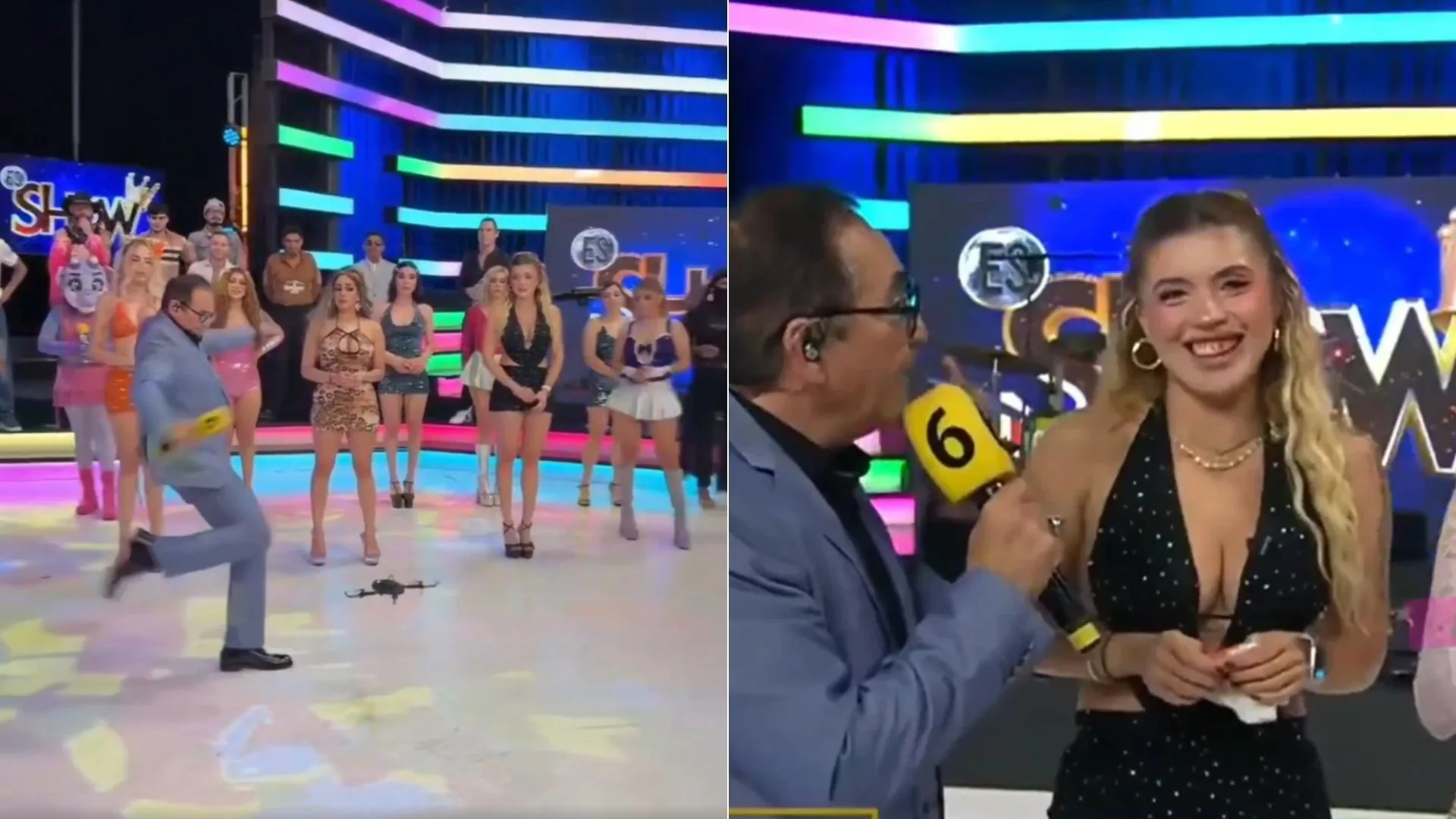 Presentador chuta drone no rosto de modelo durante programa ao vivo